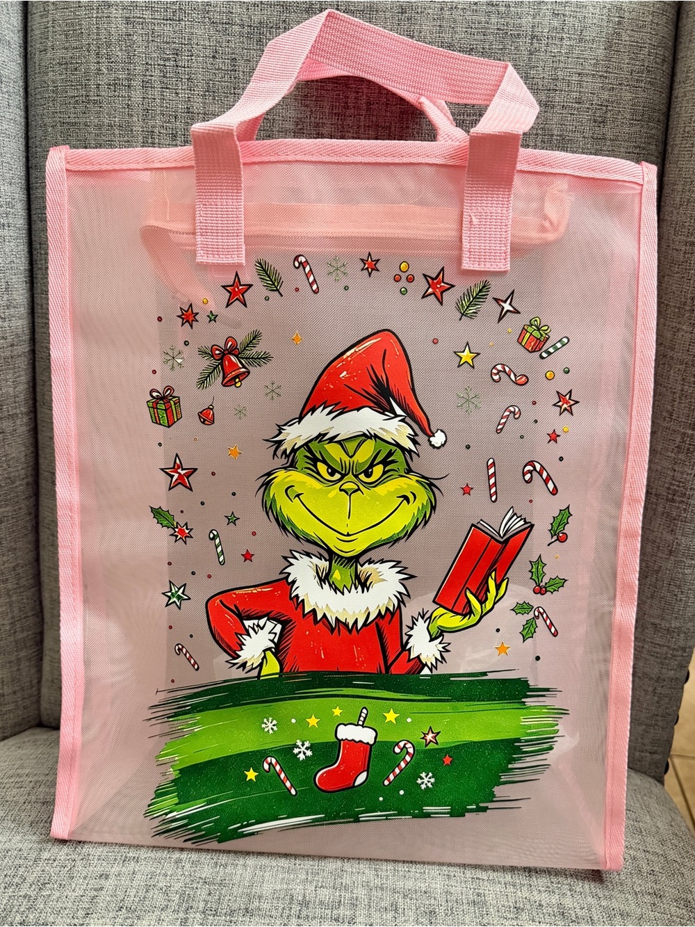 Holiday Grinch Mesh Tote Bag - Pink